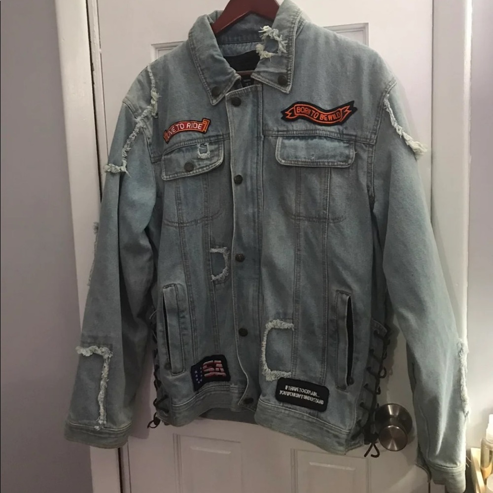 Diamond plate denim jean motorcycle patched jacket